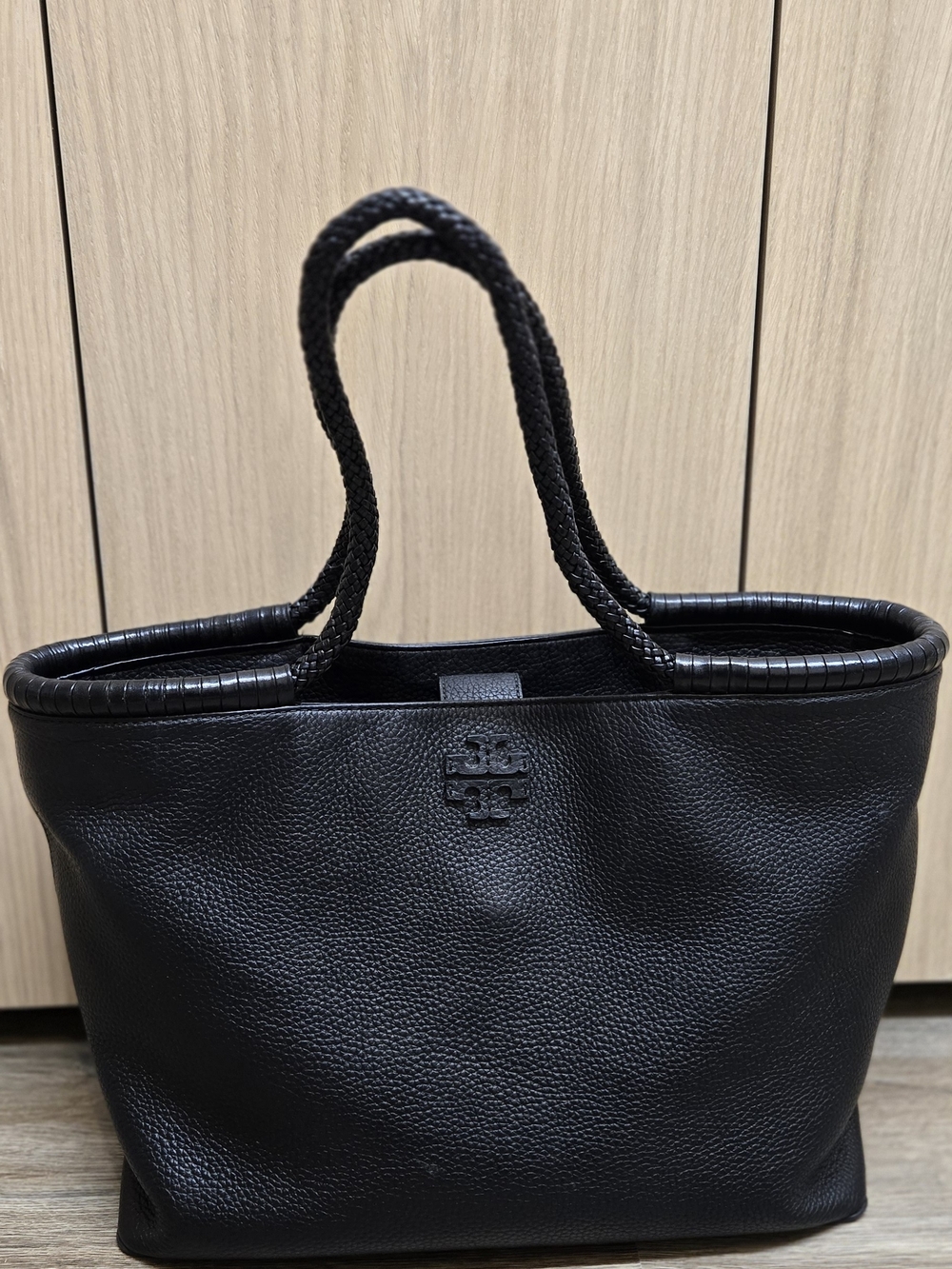 Tory Burch Black Pebbled Leather Tote with Braided Handles - Picture 4 of 8